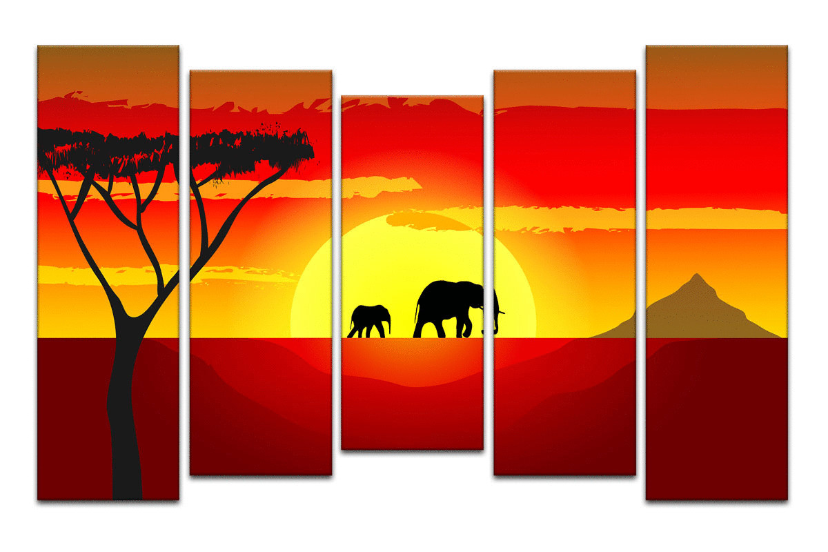 Африканский закат с силуэтами слонов